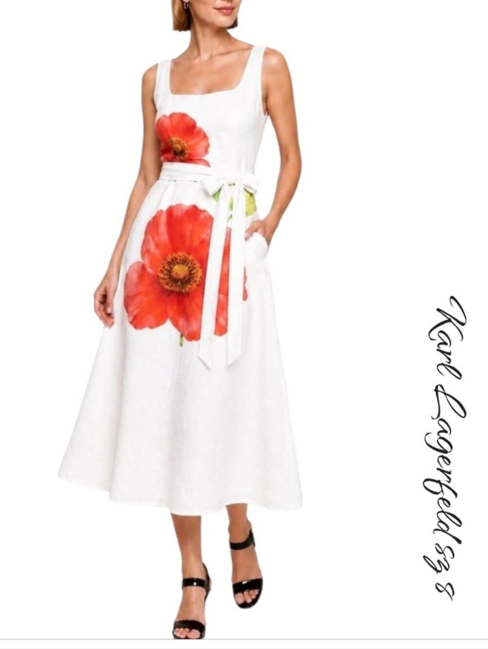 Karl Lagerfeld Paris Placed Poppy Floral Linen A Line Dress NWT 8